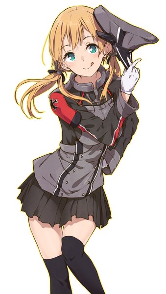 Anime picture 1249x2209 with kantai collection prinz eugen (kantai collection) haine single long hair tall image blush fringe simple background blonde hair smile white background twintails looking away pleated skirt aqua eyes zettai ryouiki hand on hip low twintails :q