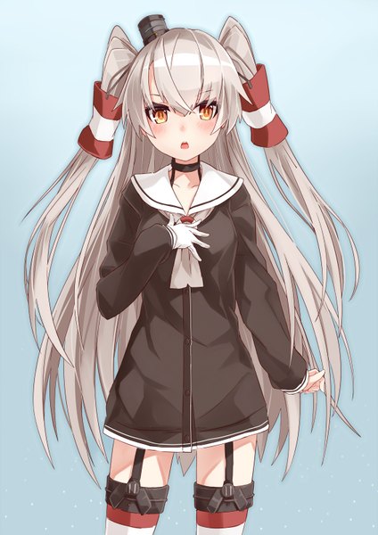 Anime picture 1131x1600 with kantai collection amatsukaze destroyer takanashi kei (hitsujikan) single long hair tall image blush open mouth brown eyes silver hair two side up girl thighhighs hat hair tubes sailor suit mini hat mini top hat
