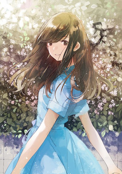 Anime picture 595x842 with original fly (marguerite) single long hair tall image looking at viewer fringe smile brown hair brown eyes looking back sunlight short sleeves turning head girl dress flower (flowers) plant (plants) blue dress