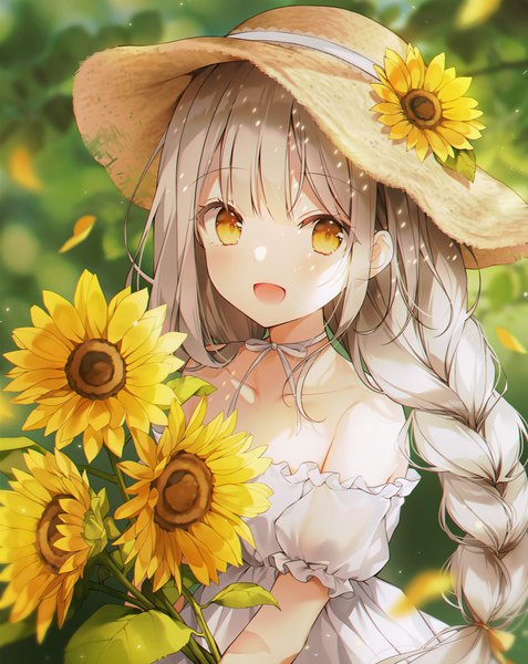 Anime picture 2376x2991 with original weri single long hair tall image looking at viewer blush fringe highres open mouth blonde hair smile standing bare shoulders holding yellow eyes payot silver hair upper body outdoors