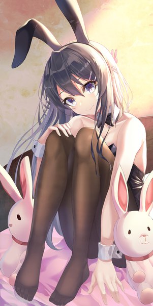 Anime picture 1003x2000 with seishun buta yarou cloverworks sakurajima mai minin982 single long hair tall image looking at viewer blush fringe breasts blue eyes light erotic black hair smile hair between eyes sitting bare shoulders animal ears payot