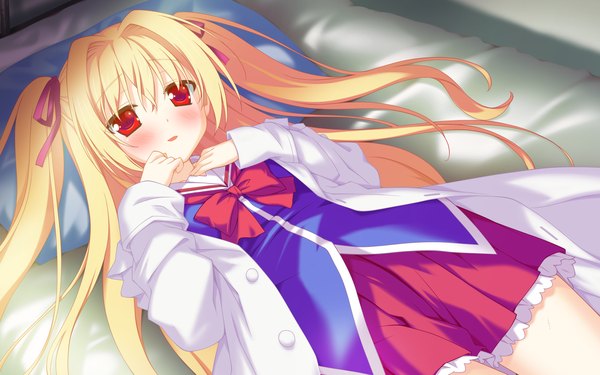 Anime picture 2048x1280 with irotoridori no sekai nikaidou shinku shida kazuhiro long hair blush highres blonde hair red eyes wide image twintails game cg loli girl