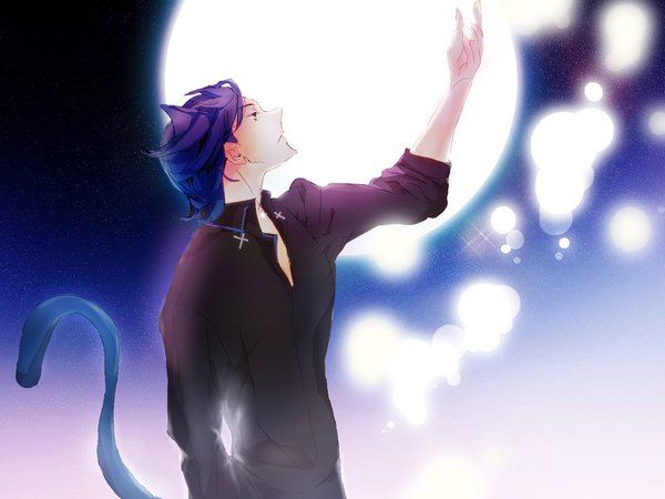 Anime picture 1600x1200 with shugo chara! tsukiyomi ikuto kitazan single short hair animal ears blue hair tail animal tail profile arm up cat ears night cat tail grey eyes night sky looking up partially open clothes extra ears boy