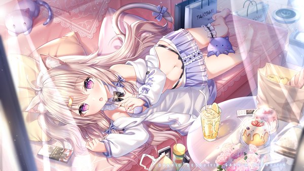 Anime picture 1500x844 with virtual youtuber indie virtual youtuber yami (vtuber) sannio single long hair looking at viewer blush fringe open mouth blonde hair hair between eyes wide image purple eyes holding signed animal ears payot full body ahoge