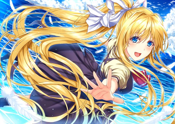 Anime picture 1300x919 with air key (studio) kamio misuzu morizono shiki single long hair blush fringe open mouth blue eyes blonde hair hair between eyes payot sky cloud (clouds) outdoors ponytail dutch angle spread arms girl