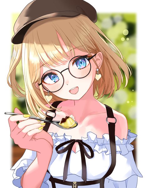Anime picture 4384x5560 with virtual youtuber hololive hololive english watson amelia tagosaku (tatsukiuma0329) single tall image looking at viewer blush fringe highres short hair breasts open mouth blue eyes blonde hair smile bare shoulders holding absurdres