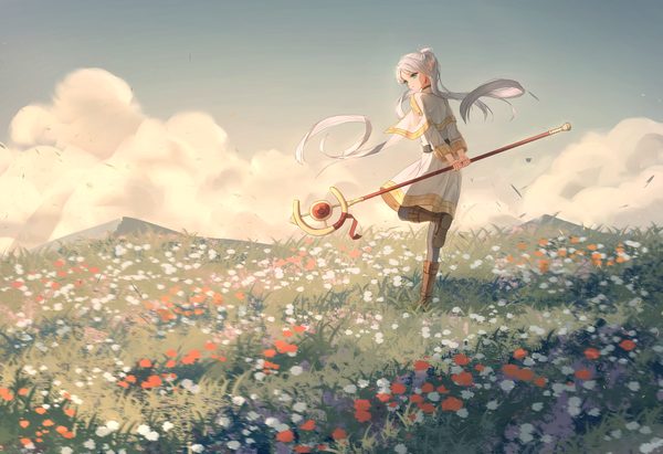 Anime picture 4093x2803 with sousou no frieren frieren xiamianhaiya single highres twintails looking away absurdres sky silver hair cloud (clouds) full body outdoors very long hair pointy ears from behind elf girl flower (flowers) earrings