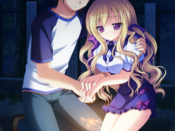 Anime picture 1600x1200 with deliverer! (game) long hair blonde hair game cg pink eyes girl boy
