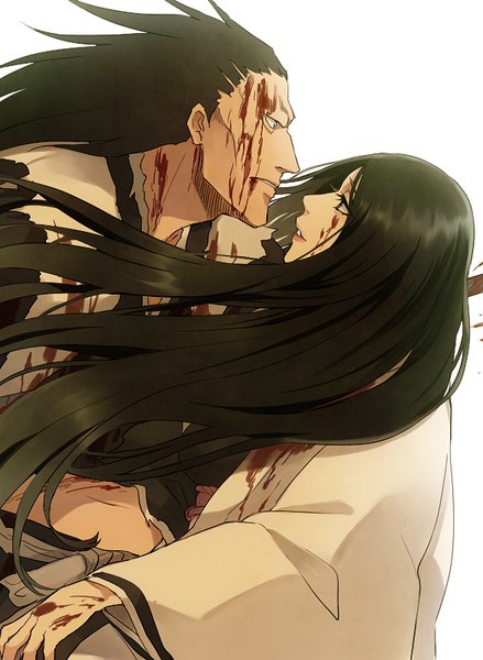 Anime picture 586x800 with bleach studio pierrot zaraki kenpachi unohana retsu yukin (es) long hair tall image black hair simple background white background traditional clothes japanese clothes profile face to face eye contact blood on face bloody clothes blood stains girl boy