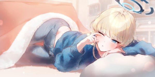 Anime picture 3791x1892 with blue archive toki (blue archive) eshineko single long hair blush fringe highres blue eyes light erotic blonde hair wide image looking away lying blunt bangs one eye closed pantyshot alternate costume under covers open fly