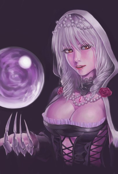 Anime picture 1425x2100 with soulcalibur viola (soulcalibur) murasaki sin single tall image looking at viewer blush breasts light erotic red eyes large breasts cleavage silver hair black background girl dress beads ball