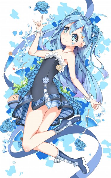 Anime picture 1200x1909 with original dango remi single long hair tall image looking at viewer fringe light erotic smile twintails bare shoulders blue hair ahoge bent knee (knees) hair flower bare legs facial mark lacing girl dress