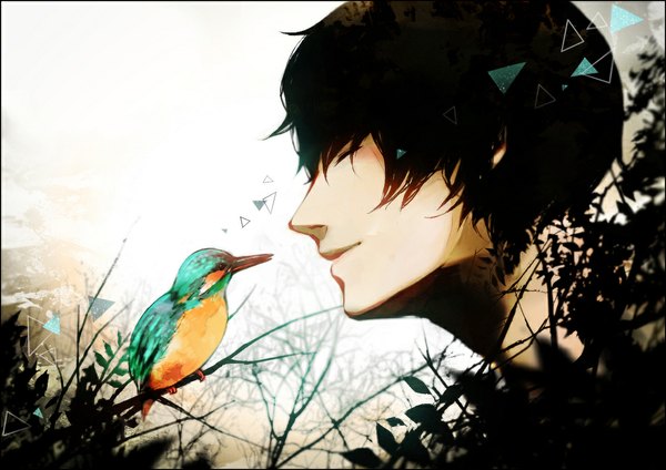 Anime picture 1123x794 with original koori ichi single blush short hair eyes closed profile light smile face dark hair boy animal bird (birds) leaf (leaves) branch debris common kingfisher