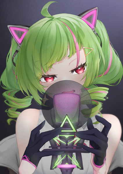 Anime picture 1240x1754 with virtual youtuber indie virtual youtuber delutaya a9 (repainter) single long hair tall image looking at viewer fringe red eyes twintails upper body ahoge head tilt multicolored hair green hair streaked hair drill hair girl gloves