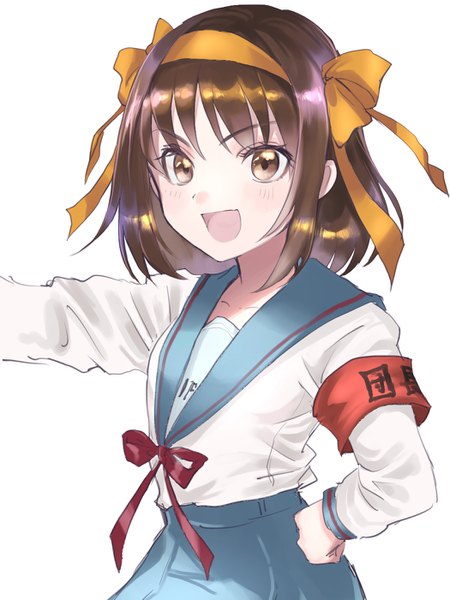 Anime picture 1050x1400 with suzumiya haruhi no yuutsu kyoto animation suzumiya haruhi rosette (roze-ko) single tall image looking at viewer blush short hair open mouth simple background brown hair white background brown eyes upper body :d hand on hip outstretched arm girl uniform