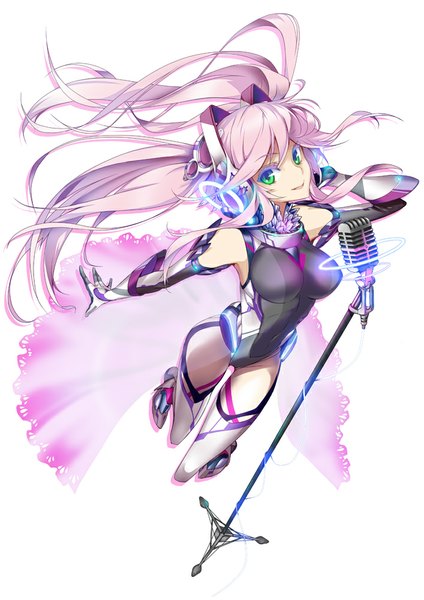 Anime picture 707x1000 with original hong (white spider) single long hair tall image looking at viewer fringe breasts light erotic simple background smile large breasts white background green eyes pink hair girl gloves navel headphones bodysuit