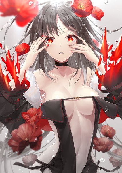 Anime picture 707x1000 with fate (series) fate/grand order yu mei-ren (fate) kagachi saku single long hair tall image looking at viewer blush fringe breasts light erotic black hair simple background red eyes upper body nail polish parted lips fingernails grey background
