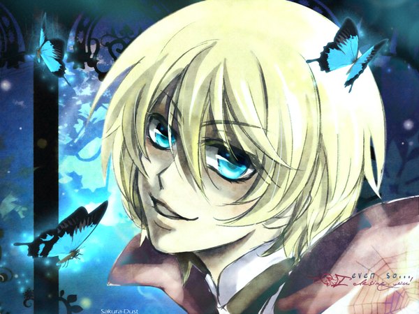 Anime picture 1400x1050 with kuroshitsuji a-1 pictures alois trancy blue eyes blonde hair smile boy insect butterfly
