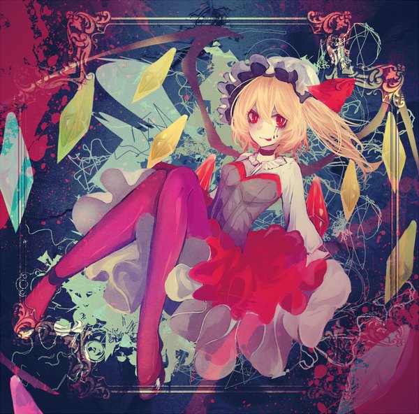 Anime picture 1000x988 with touhou flandre scarlet mirimo single long hair fringe breasts blonde hair hair between eyes red eyes looking away full body bent knee (knees) one side up :p blood on face girl pantyhose wings choker