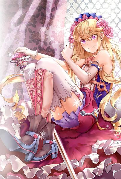 Anime picture 600x888 with sword girls ddaomphyo single long hair tall image looking at viewer fringe blonde hair smile sitting purple eyes bare shoulders bent knee (knees) hair flower high heels floral print drill hair lacing shiny girl