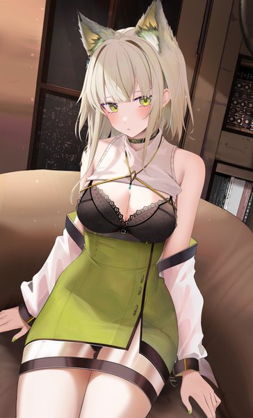 Anime picture 3842x6335 with arknights kal'tsit (arknights) ru zhai single tall image looking at viewer blush fringe highres short hair breasts open mouth light erotic large breasts sitting bare shoulders green eyes animal ears absurdres indoors
