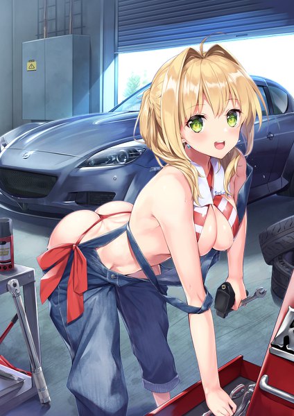 Anime picture 848x1200 with fate (series) fate/grand order mazda mazda rx-8 nero claudius (fate) (all) nero claudius (swimsuit caster) (fate) gedou (shigure seishin) single long hair tall image looking at viewer blush fringe open mouth light erotic blonde hair standing green eyes indoors :d
