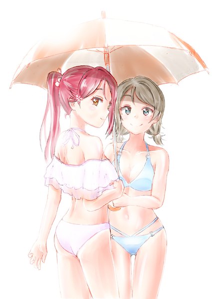 Anime picture 1254x1771 with love live! sunshine!! sunrise (studio) love live! sakurauchi riko watanabe you 8oolies long hair tall image looking at viewer blush fringe short hair breasts blue eyes light erotic simple background standing white background twintails bare shoulders