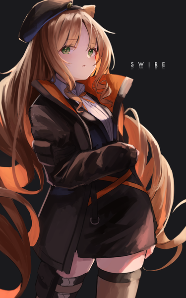 Anime picture 959x1533 with arknights swire (arknights) kinome noi single long hair tall image looking at viewer simple background standing green eyes orange hair character names drill hair black background girl thighhighs beret