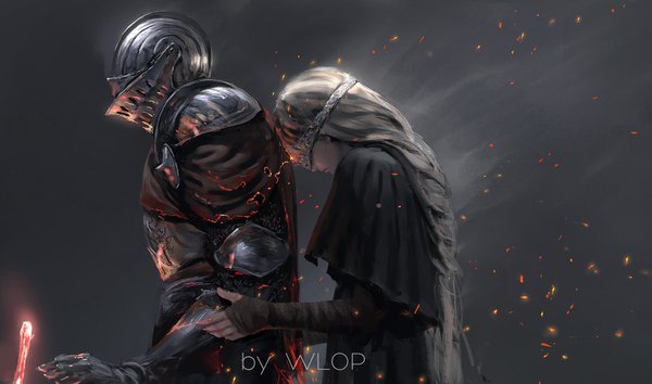 Anime picture 1447x854 with dark souls (series) dark souls dark souls 3 from software fire keeper ashen one (dark souls 3) wlop long hair blonde hair simple background wide image head tilt profile grey background glowing covering eye (eyes) knight girl boy armor