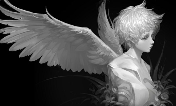 Anime picture 1030x618 with original 77hei single short hair simple background wide image silver hair black background monochrome angel wings angel girl flower (flowers) wings