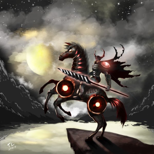 Anime picture 2880x2880 with original tlrose looking at viewer highres sky cloud (clouds) tail horn (horns) night sky boy scarf moon star (stars) helmet spear horse