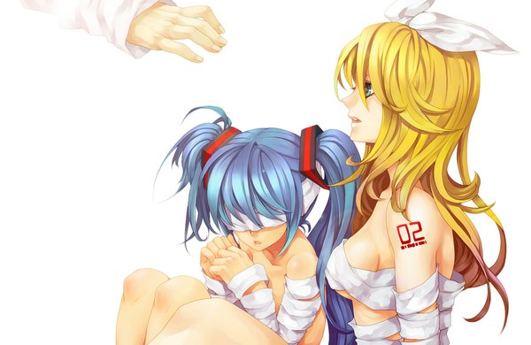 Anime picture 1000x650 with vocaloid hatsune miku kagamine rin zakki long hair blue eyes light erotic simple background blonde hair white background twintails bare shoulders multiple girls blue hair tattoo bandage over eyes girl 2 girls