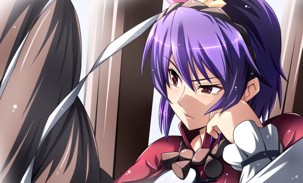 Anime picture 1562x950 with touhou yasaka kanako ngirln4 (artist) single short hair red eyes wide image purple hair arm support face girl