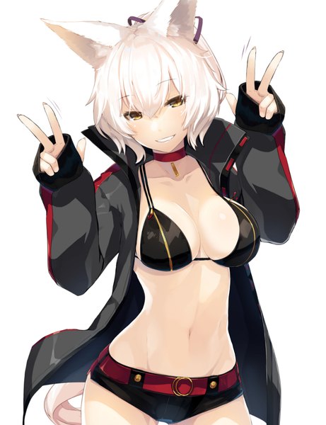 Anime picture 868x1129 with original meth (emethmeth) single tall image looking at viewer fringe short hair breasts light erotic simple background smile hair between eyes large breasts standing white background animal ears yellow eyes cleavage white hair tail