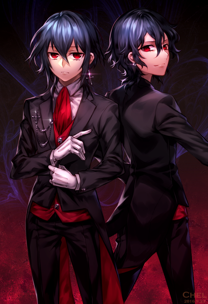 Anime picture 950x1386 with noblesse cadis etrama di raizel raizel's brother (noblesse) chel9 tall image looking at viewer fringe short hair black hair smile hair between eyes red eyes standing signed payot looking back multiple boys dated siblings twins