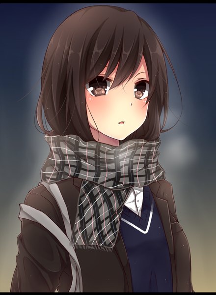 Anime picture 800x1090 with original yamasuta single long hair tall image looking at viewer blush black hair brown eyes girl uniform school uniform scarf