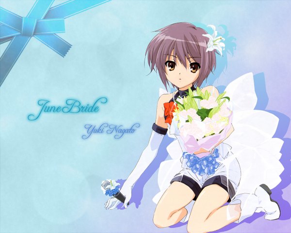 Anime picture 1280x1024 with suzumiya haruhi no yuutsu kyoto animation nagato yuki girl dress wedding dress