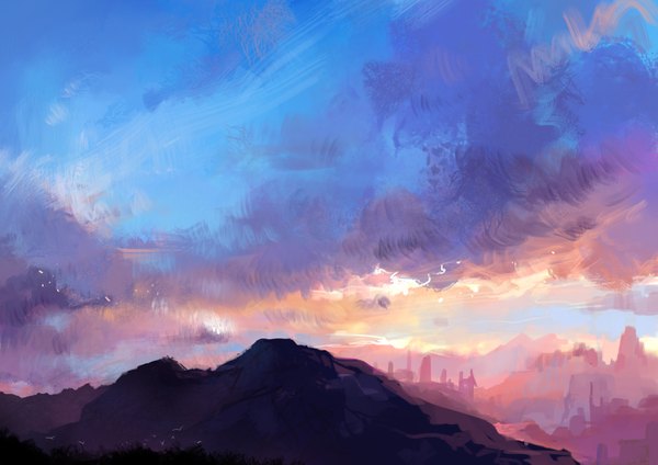 Аниме картинка 3508x2480 с оригинальное изображение fom (lifotai) высокое разрешение absurdres небо облако (облака) гора (горы) пейзаж