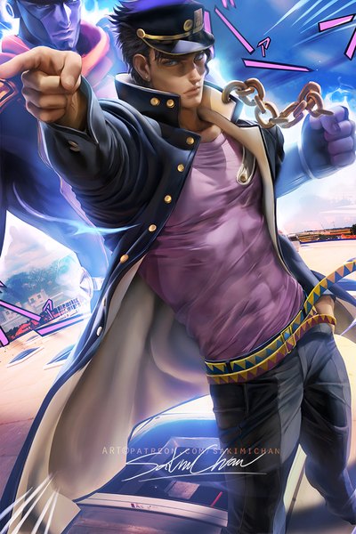 Anime picture 667x1000 with jojo no kimyou na bouken kujo jotaro star platinum sakimichan tall image looking at viewer short hair blue eyes black hair signed realistic open jacket shaded face hand in pocket pointing at viewer stand (jojo) boy uniform school uniform hat