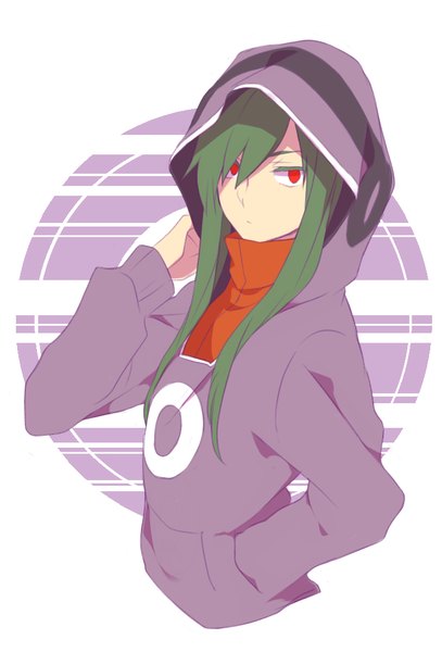 Anime picture 718x1059 with kagerou project shaft (studio) kido tsubomi sekina single long hair tall image fringe simple background hair between eyes red eyes white background payot looking away upper body long sleeves green hair hand in pocket expressionless girl