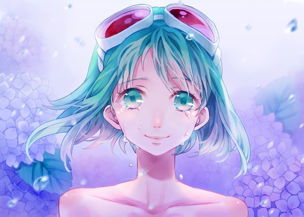 Anime picture 3579x2551 with vocaloid gumi q-chiang single looking at viewer highres short hair bare shoulders green eyes absurdres green hair tears portrait goggles on head girl flower (flowers) goggles hydrangea