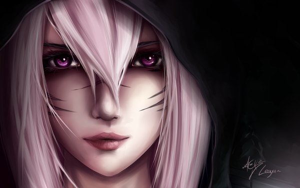 Anime picture 2700x1700 with original leaya (zackargunov) zackargunov single looking at viewer highres purple eyes white hair lips realistic dark background scar close-up face girl hood