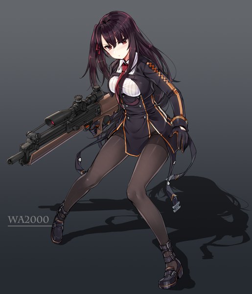 Anime picture 1000x1165 with girls frontline wa2000 (girls frontline) kuro (kuronell) single long hair tall image looking at viewer simple background red eyes holding purple hair full body long sleeves shadow character names one side up gradient background trigger discipline girl gloves