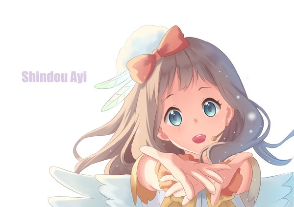 Anime picture 3507x2480 with kyoukai no kanata kyoto animation shindou ai long hair looking at viewer highres open mouth blue eyes simple background brown hair white background absurdres girl dress bow wings