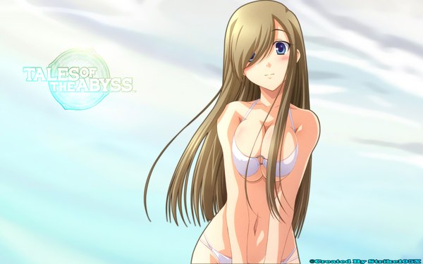 Anime picture 1920x1200 with tales of (series) tales of the abyss tear grants izumi mahiru single long hair highres breasts blue eyes light erotic blonde hair wide image signed inscription huge breasts girl swimsuit bikini white bikini