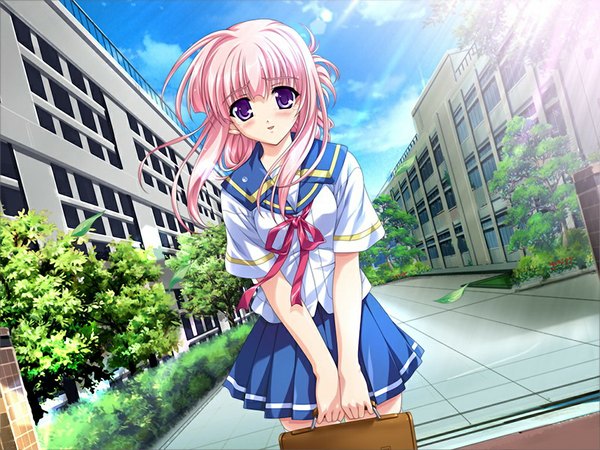 Anime picture 1024x768 with natsumegu nojima hotori pink hair game cg purple hair girl serafuku