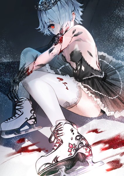 Anime picture 3508x4961 with original para3318 single tall image looking at viewer fringe highres short hair breasts light erotic red eyes sitting absurdres full body bent knee (knees) hair over one eye aqua hair facial mark bloody clothes girl