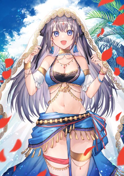 Anime picture 849x1200 with original coyucom single long hair tall image looking at viewer fringe breasts open mouth blue eyes light erotic black hair standing bare shoulders payot sky cleavage cloud (clouds) outdoors traditional clothes