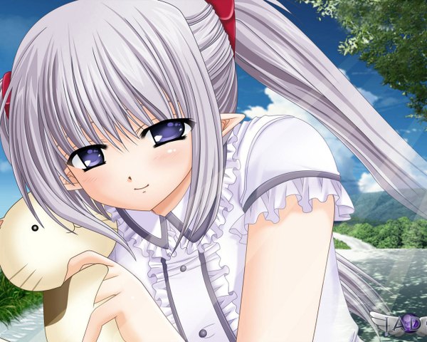 Anime picture 1280x1024 with shuffle! primula single long hair blush purple eyes twintails payot sky silver hair light smile pointy ears sunlight girl frills