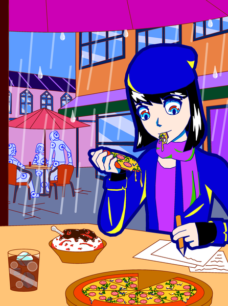 Anime picture 2481x3335 with original fenno7 tall image fringe highres short hair blue eyes black hair smile sitting outdoors city solo focus rain eating street outline writing girl gloves